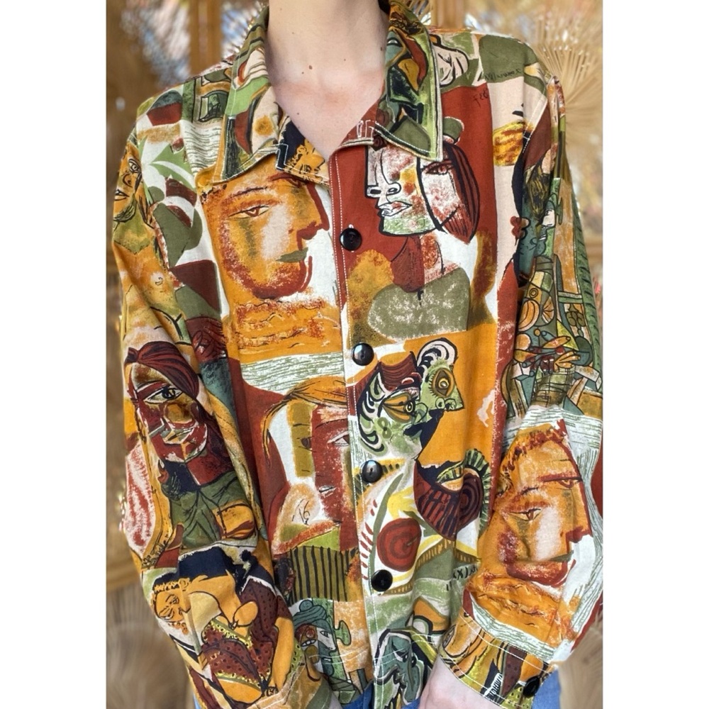 Vintage Kaktus Pablo Picasso All Over Print Linen Blend Button Up Jacket Size XL - Picture 2 of 9